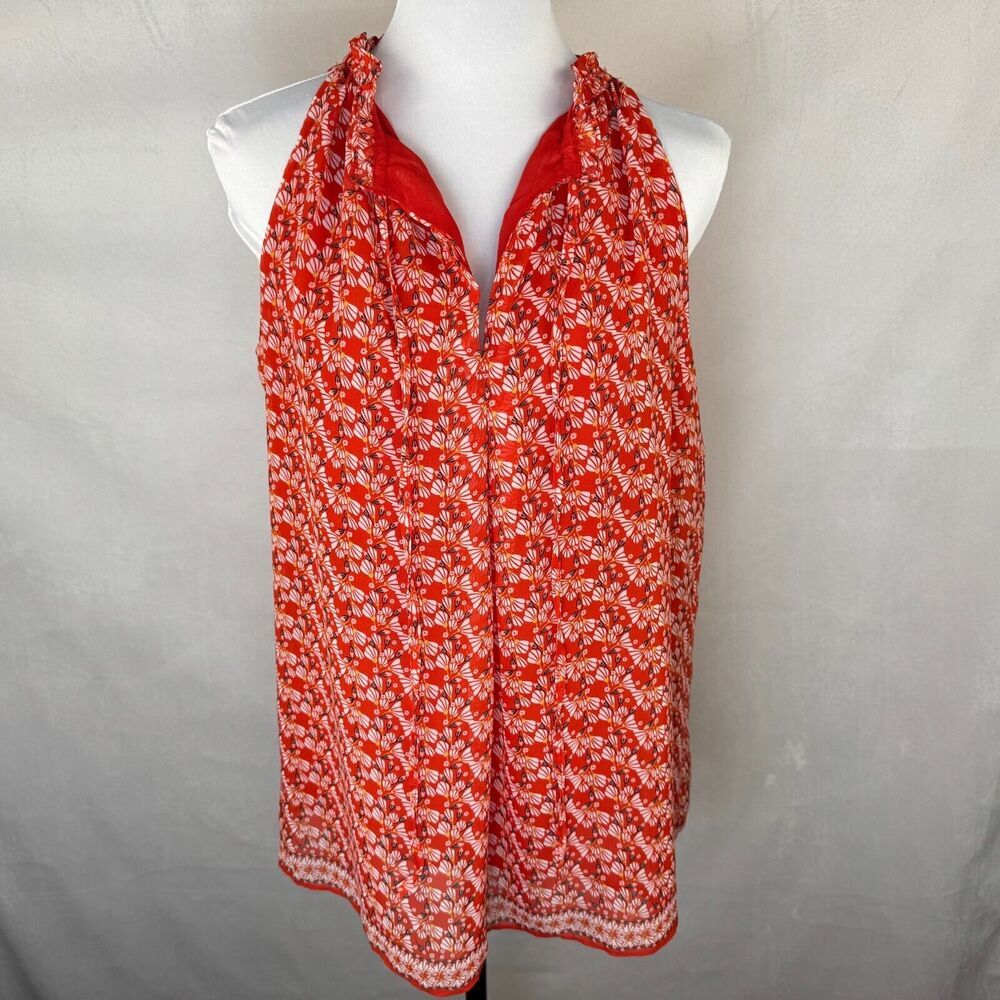Max Studio Blouse Sz M Red Floral Ruffle Neck Drawstring Tie Lined Sleeveless