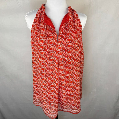 Max Studio Blouse Sz M Red Floral Ruffle Neck Drawstring Tie Lined Sleeveless