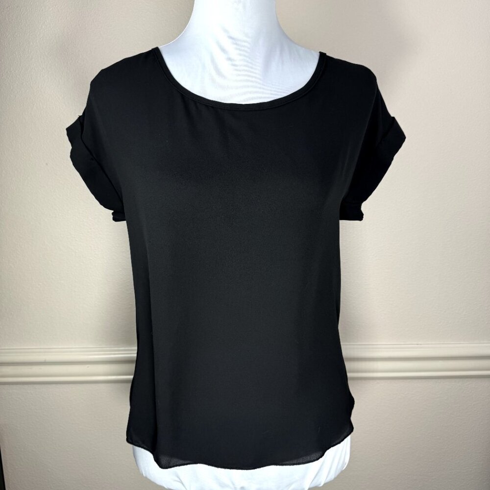 Rue21 Blouse Women Sz Small Black Sheer Cap Sleeve Back Cutout with 6 Bows