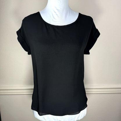 Rue21 Blouse Women Sz Small Black Sheer Cap Sleeve Back Cutout with 6 Bows