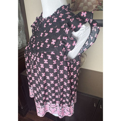 Rose & Olive Top Sz S Black Floral Ruffle Crew Neck Crochet Trim Flutter Sleeve