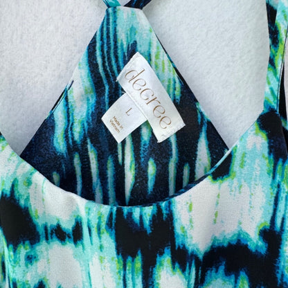Decree Blouse Women Sz L 2 layers Blue Black Teal and White tie die halter