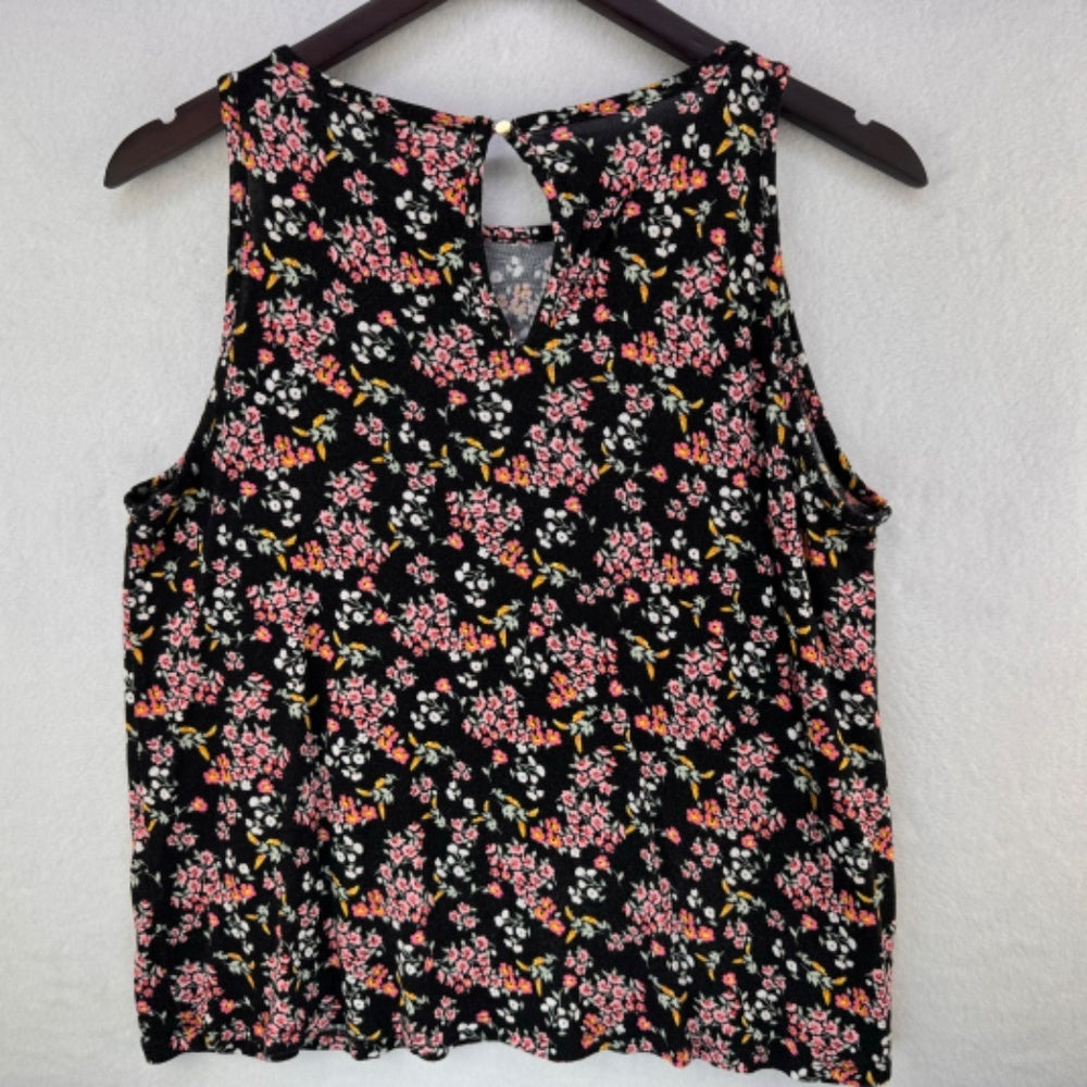Loft Tank Top Sz M Black multicolor flowers back keyhole gold button