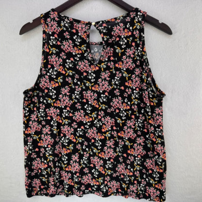 Loft Tank Top Sz M Black multicolor flowers back keyhole gold button