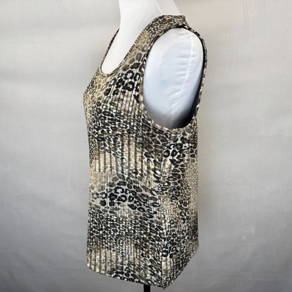 Evan-Picone Black Label Sz M Top Stretch Ribbed Beige Sparkling Animal Print