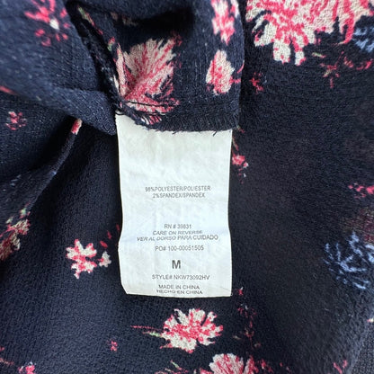 Rewind Top Women Sz Medium Sheer Navy Blue floral print Round Neck Off Shoulder