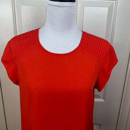 DR2 Women Blouse Sz M Semi Sheer Pintuck Shoulder Crew Neck VNeck Cap Sleeve