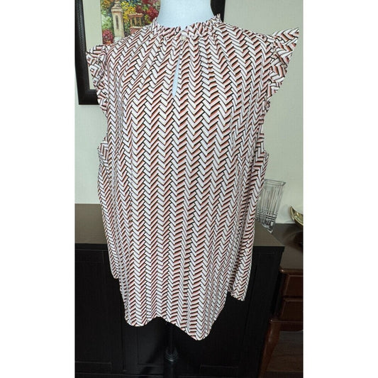 LOFT Plus Sz 18 Ruffle Crew Neck Front Keyhole Flutter Sleeves Pink ZigZag Print