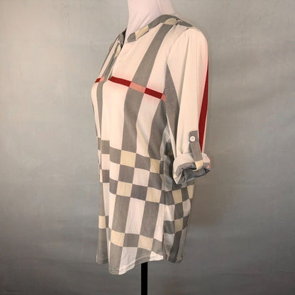 Fashion Women Sz XL Plaid Top bone red black cream Henley 3/4 roll up sleeves