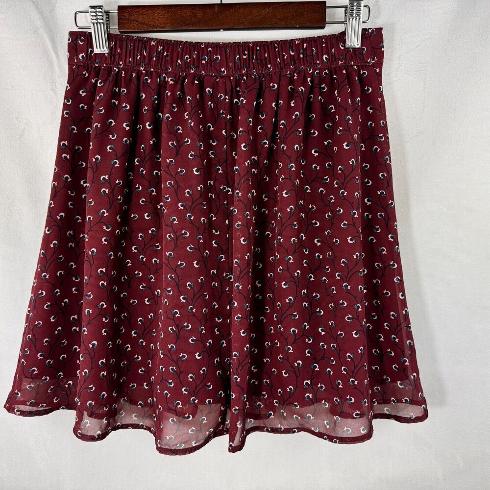 Old Navy Flare Skirt XS Mini Pleated Burgundy Floral Elastic Waist Pullover