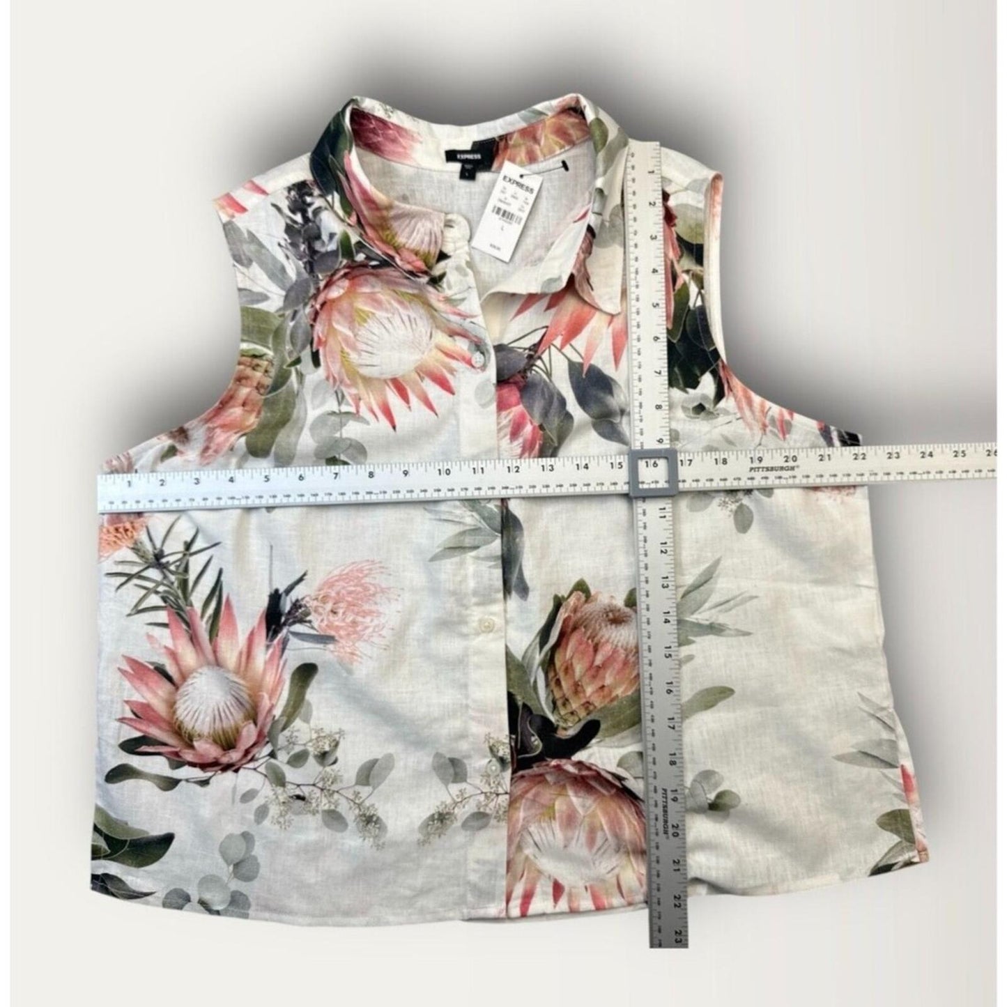 Express Shirt Sz L Ivory Floral Linen-Blend Sleeveless Button Dow Side Slits NWT
