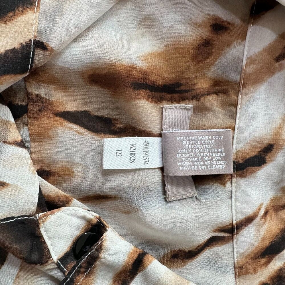 Chicos Top Sz 1 Sheer Brown Tiger Print Button Up 3/4 Sleeve