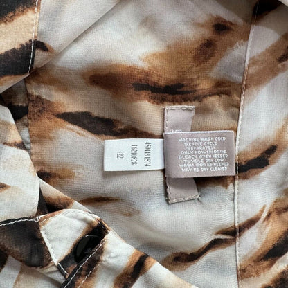 Chicos Top Sz 1 Sheer Brown Tiger Print Button Up 3/4 Sleeve