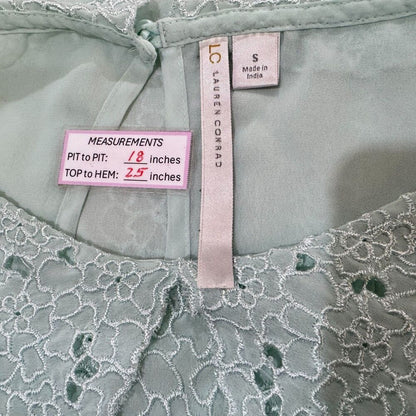 LC Lauren Conrad Sheer Blouse Sz S Embroidered Pleated Green Collared Sleeveless