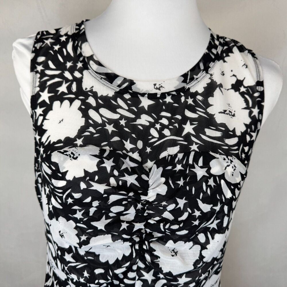 Cabi Women Top Sz S Stretch Mesh Black Floral Print Ruched Front Center