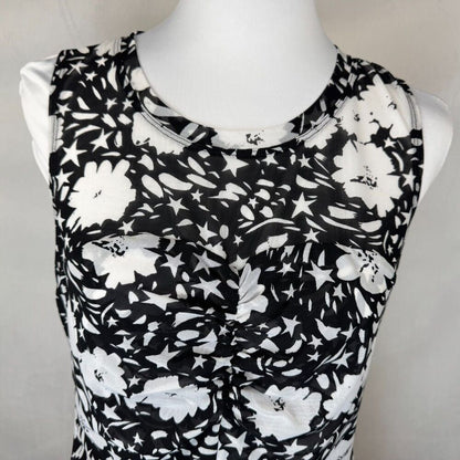 Cabi Women Top Sz S Stretch Mesh Black Floral Print Ruched Front Center