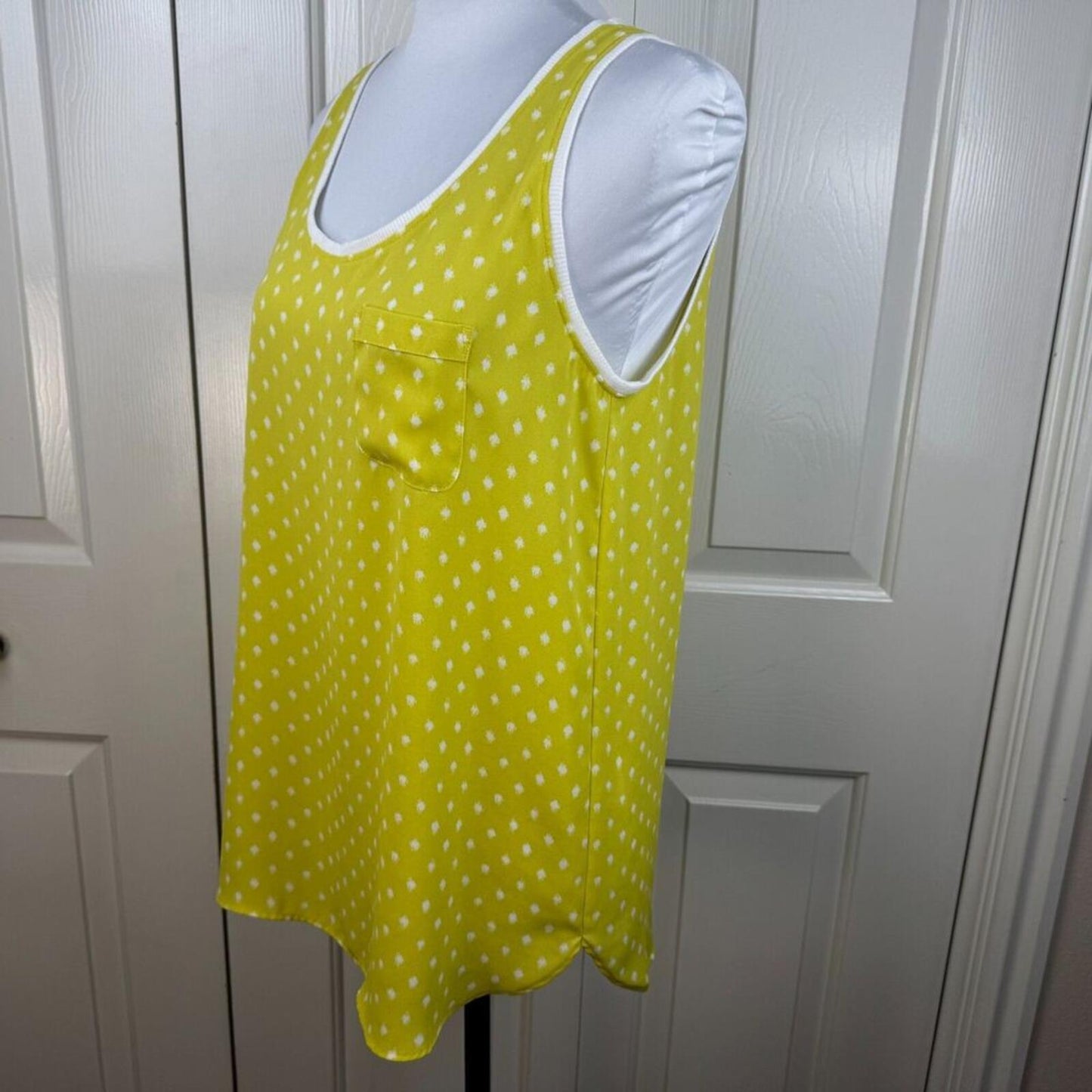LOFT Women Sheer Top Sz S Yellow and White Polka Dots Sleeveless Knit Trim