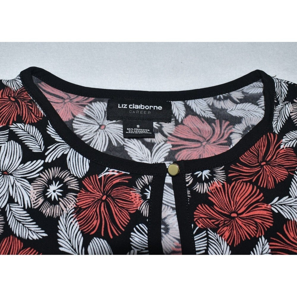 Liz Claiborne Career Blouse Sz S Black Floral Rust White Print front keyhole