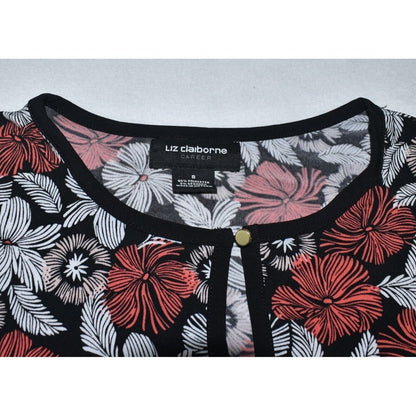 Liz Claiborne Career Blouse Sz S Black Floral Rust White Print front keyhole