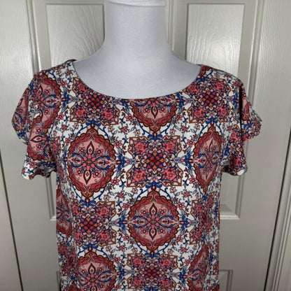 LOFT Women Top Sz S White Multicolor Boat Neck Cap Flutter Sleeve Back Cut Out