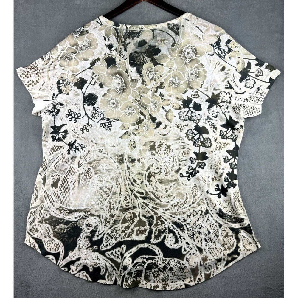 Style & Co Top Sz 3X Cream Black White embellished top U-Neck short sleeve