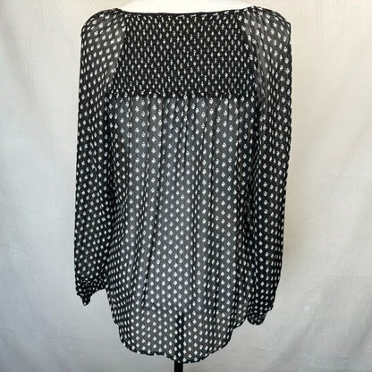 Princess Vera Wang Sz M Sheer Black Top white Print Boho Long Sleeve Split Neck