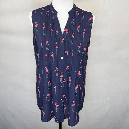 Charter Club Top Sz M Blue Pink Print Split Neck Pleated Button Up Sleeveless