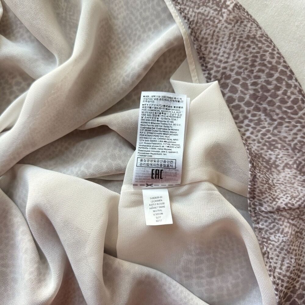Banana Republic Women Sz S Tan Snake Skin Print Long Sleeve Ruffle Boat Neck