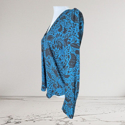 Ann Taylor Top Sz XS Blue Floral Print Stretch V Neck Pleat Long Cuffed Sleeve