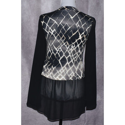 Simply Vera Wang Sheer Long Sleeve Split Neck Black Geometric  Blouse Top Size S