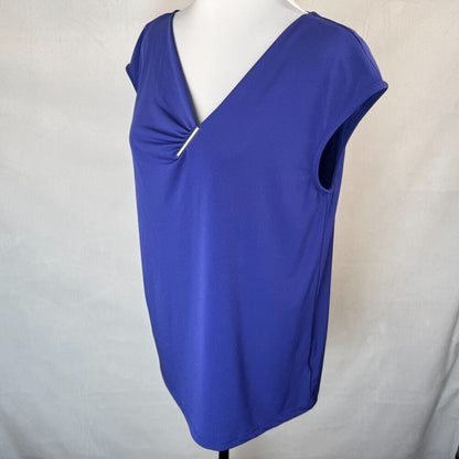 Dana Buchman Sz L Blue Stretch Top Sleeveless Asymmetrical Neckline Metal
