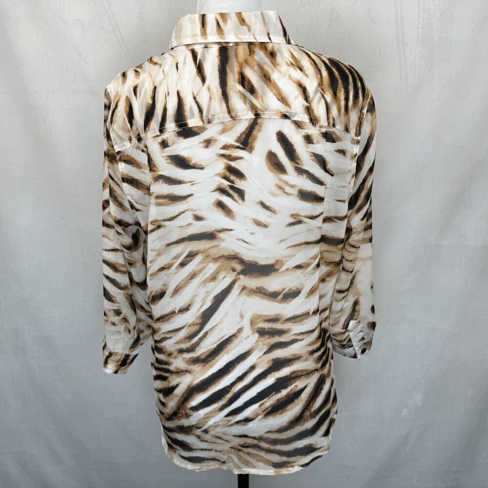 Chicos Top Sz 1 Sheer Brown Tiger Print Button Up 3/4 Sleeve