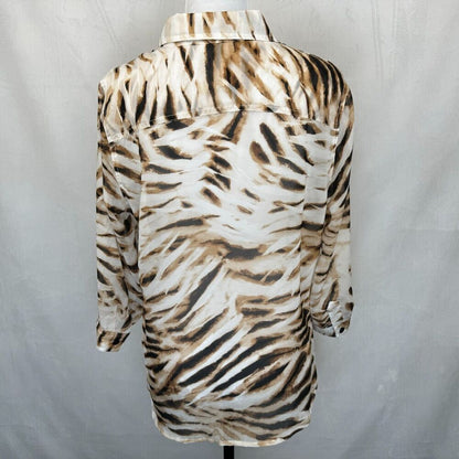 Chicos Top Sz 1 Sheer Brown Tiger Print Button Up 3/4 Sleeve
