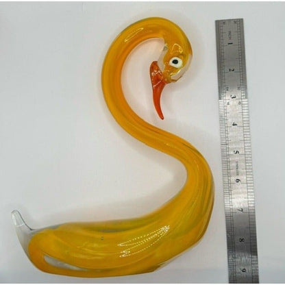 Vintage Art Glass Swan Figurines Pair Red Orange Yellow Hand Blown Style