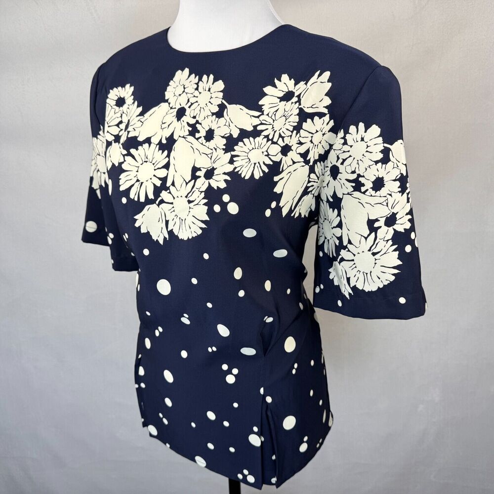 Laura & Jayne Vintage Blouse Sz 10 Blue White Flowers Polka Dots Pleated