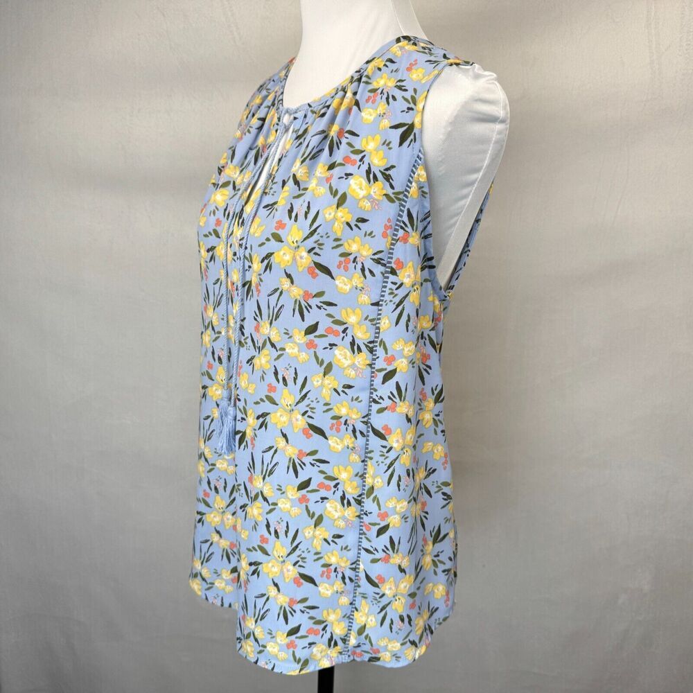 Collective Concepts Tank Top Sz L Blue Floral Split Tie Neck Ladder Stitch Trim