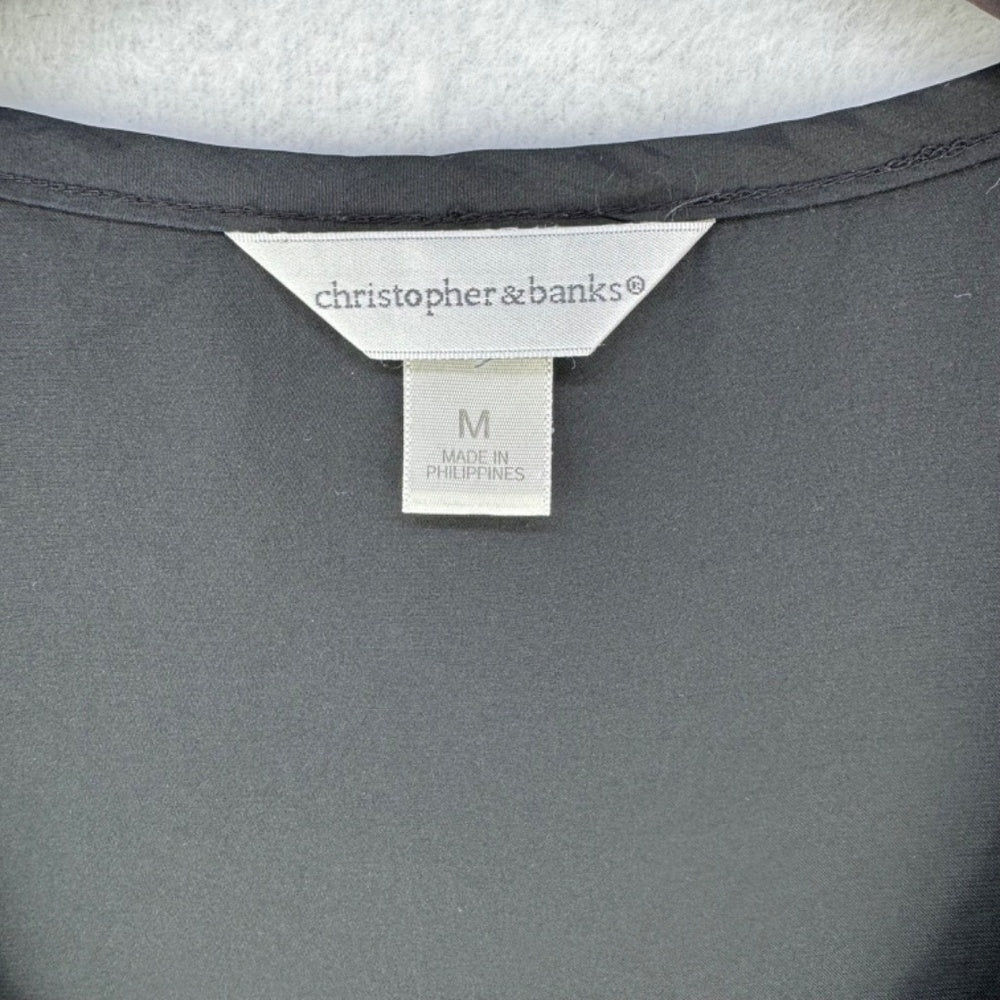 Christopher & Banks Women Sz M Silky Black Top ruffled front Sleeveless
