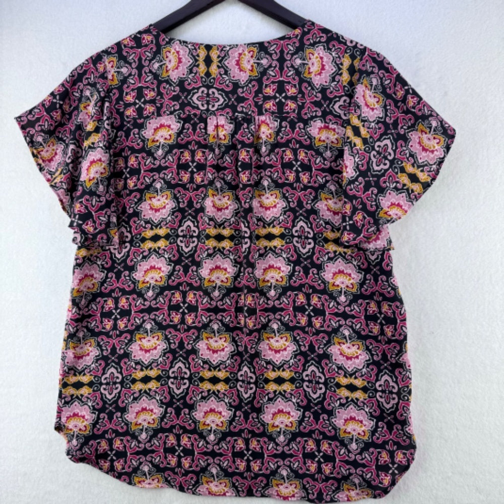 LOFT Blouse Women Sz XS Charcoal Red Pink Yellow floral V-Neck Flutter Sleeves