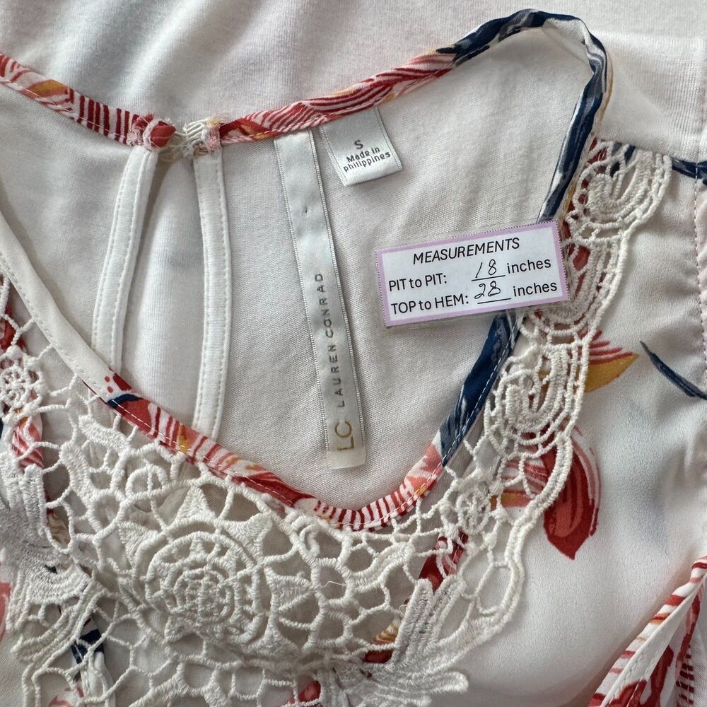 Lauren Conrad Women Sz S Ivory Tank Tunic Floral Print Crochet Neck Sleeveless