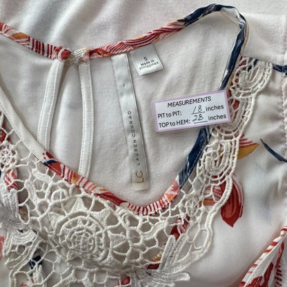 Lauren Conrad Women Sz S Ivory Tank Tunic Floral Print Crochet Neck Sleeveless