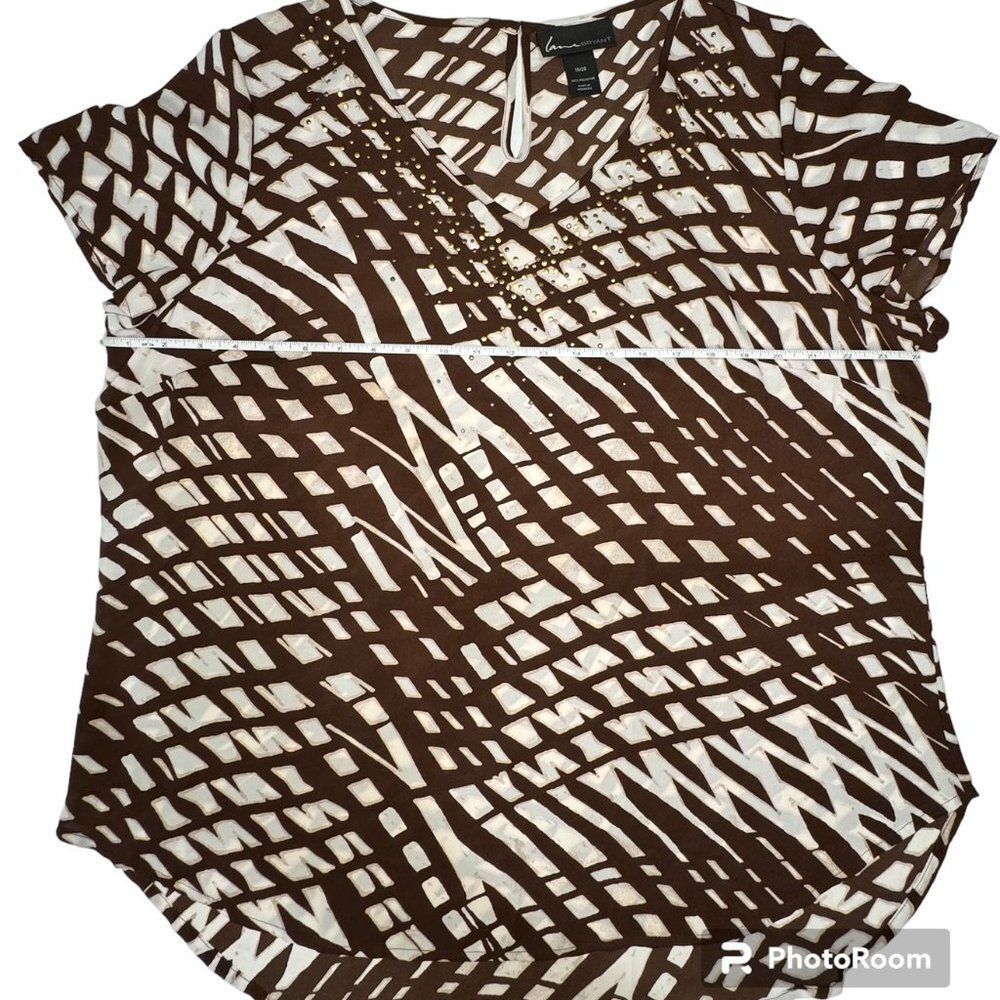 Lane Bryant Top Sz 18/20 V Neck Embellished short sleeves Brown White