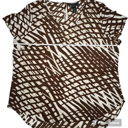 Lane Bryant Top Sz 18/20 V Neck Embellished short sleeves Brown White