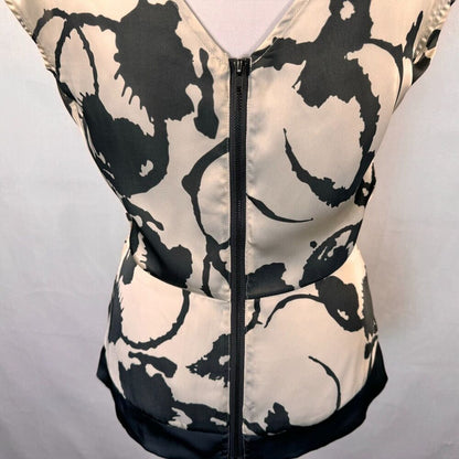 Sound & Matter Blouse Sz M Ivory Charcoal V-Neck Sleeveless Peplum Zip Open Back