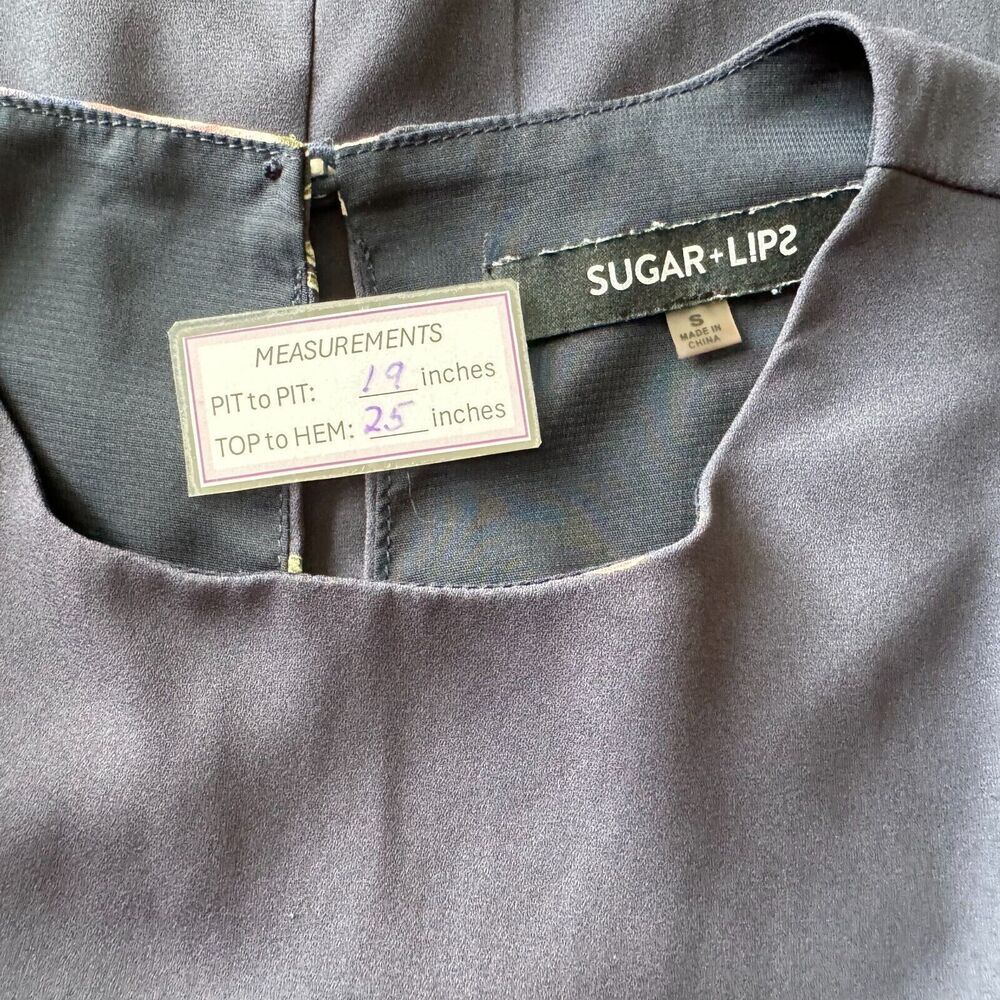 Sugar Lips Blouse Sz S  Charcoal Floral  Crew Neck Bell Long Sleeve Ties