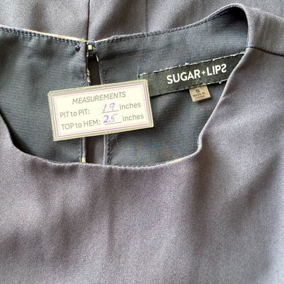 Sugar Lips Blouse Sz S  Charcoal Floral  Crew Neck Bell Long Sleeve Ties