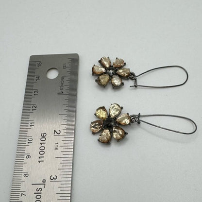 Vera Wang Daisy Flower Drop Earrings Amber Brown Rhinestone Silver Tone