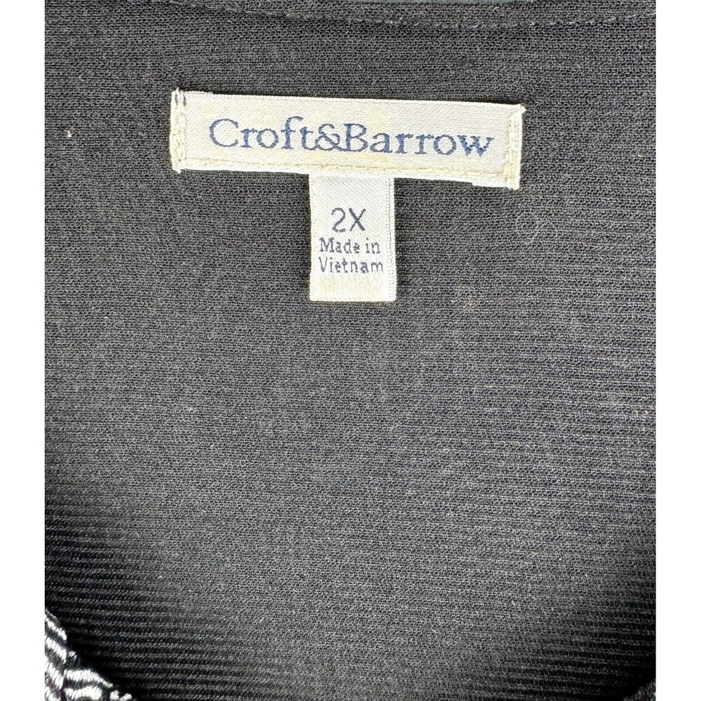 Croft & Barrow Top Sz 2X Gray Black Geometric Ruffle V-Neck Short Sleeve