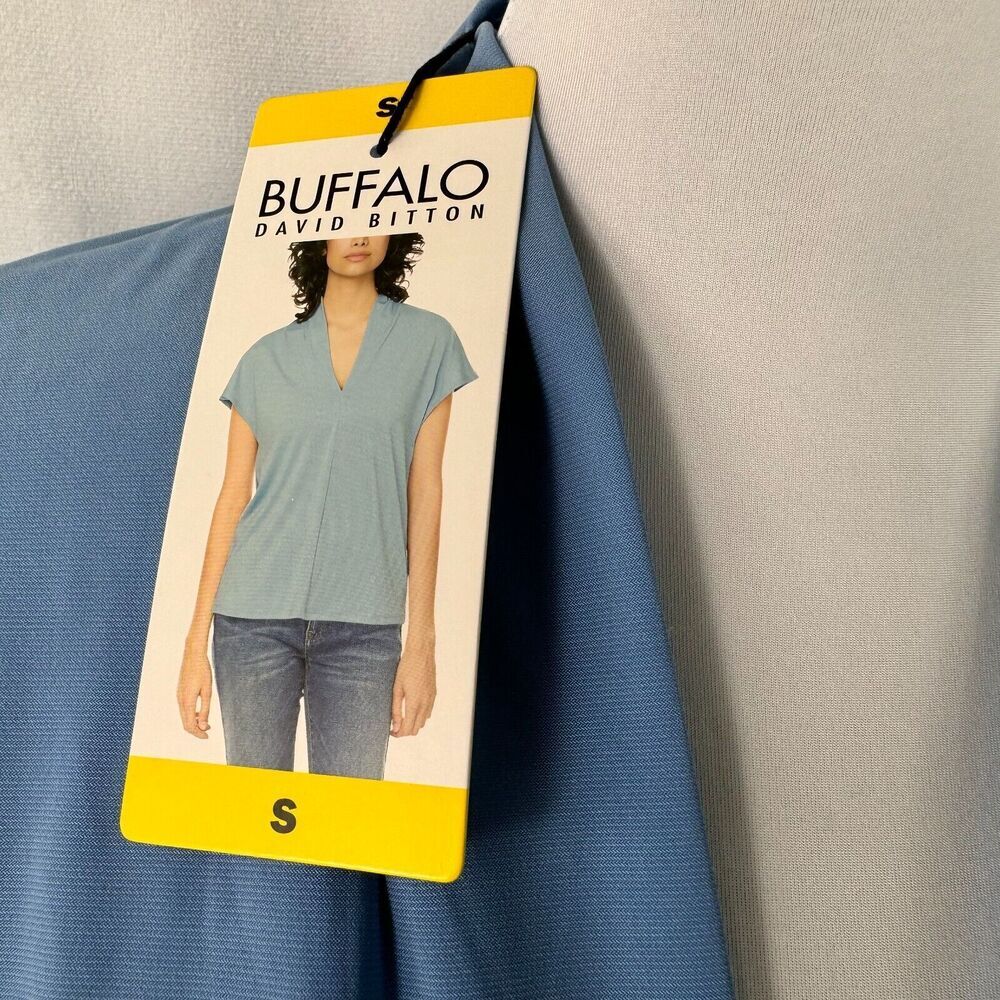 Buffalo David Bitton Blouse Sz S Light blue V-Neck Short Sleeve stand up collar