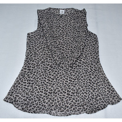 A sleeveless leopard print top in a sheer gray and black pattern, laid flat on a light gray background.