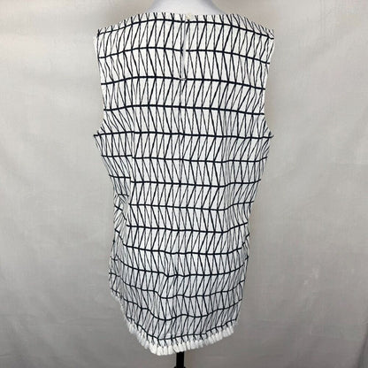 Banana Republic Top Sz L White Black Geometric Print VNeck Sleeveless Fringe Hem
